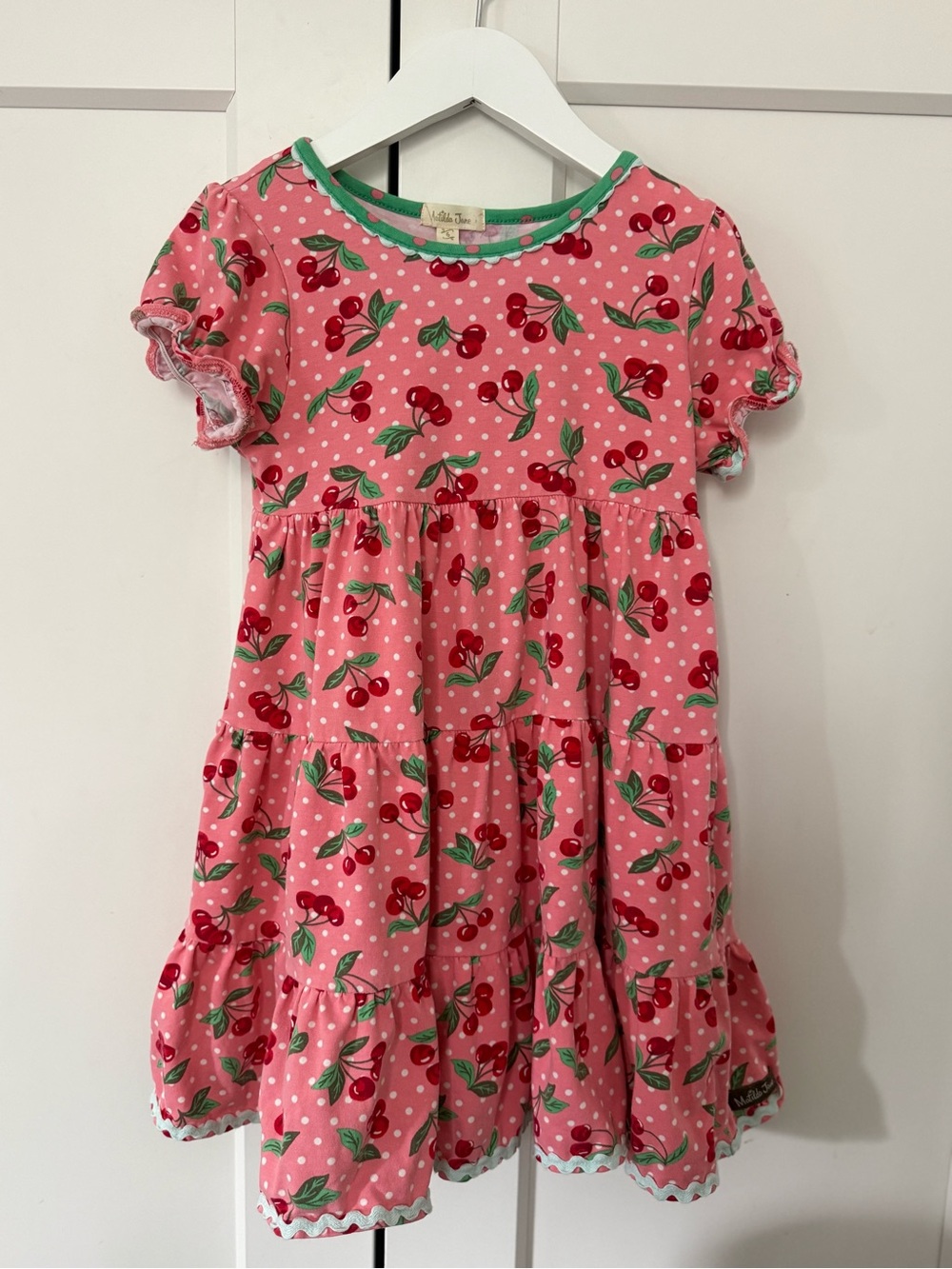 Mayilda Jane Girls Pink Cherry Print Tiered Dress - Kids 5/6